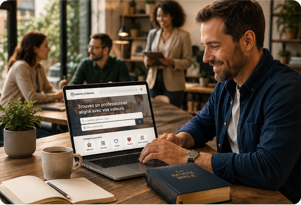 Professionnel chrétien au travail avec Bible